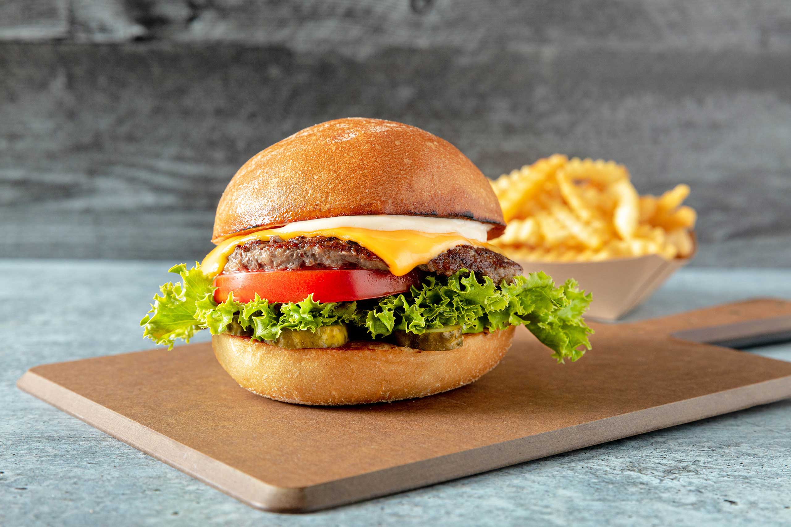 Up close photo of burger and fries